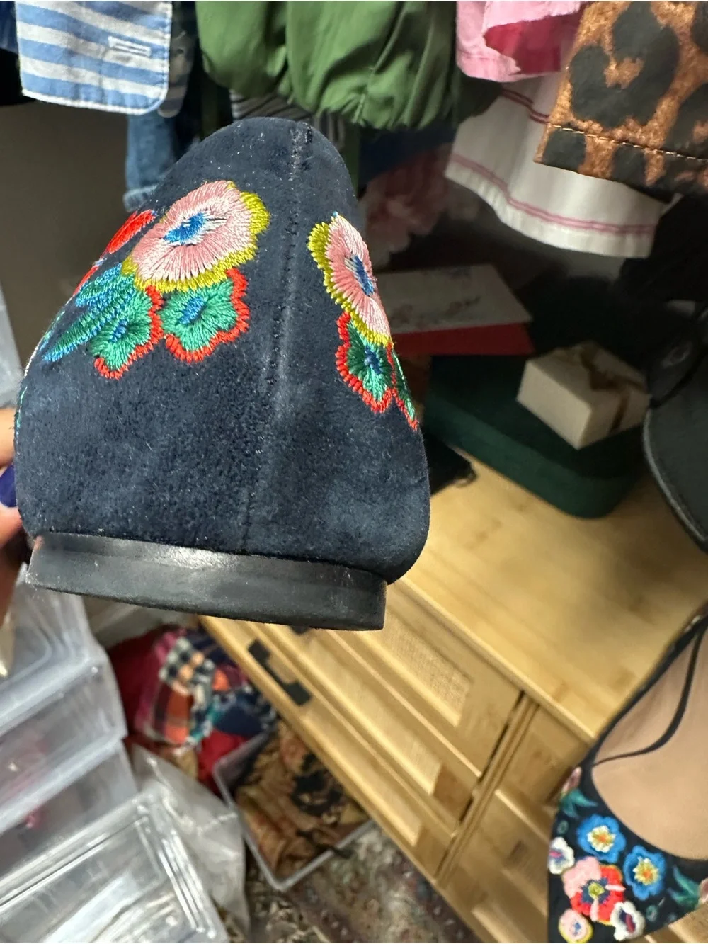 Tory Burch Navy Pointed-Toe Flats with Multicolor Floral Embroidery